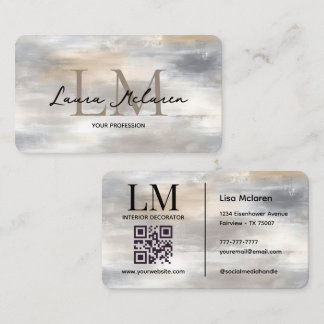Cartão De Visita Código QR Metálico com Monograma Elegante