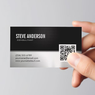 Cartão De Visita Código QR Metálico Moderno de Prata Negra