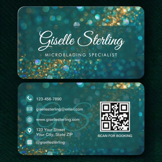 Cartão De Visita Código QR Microblading Brilho Dourado Turquesa  (Criador carregado)