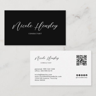 Cartão De Visita Código QR Minimalista Moderno Chic Preto e Branco