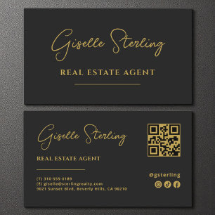 Cartão De Visita Código QR Minimalista Preto e Dourado para Agente