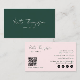 Cartão De Visita Código QR Minimalista Verde Rosa Profissional Mode