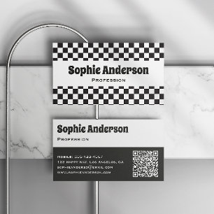 Cartão De Visita Código QR Minimalista Xadrez Preto e Branco Modern