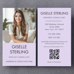 Cartão De Visita Código QR Mínimo de Foto Lilac Roxo Moderno
