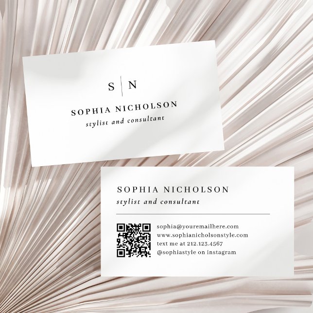 Cartão De Visita Código QR Mínimo e Chic Black e White Monogramas (Criador carregado)