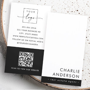 Cartão De Visita Código QR mínimo moderno branco preto