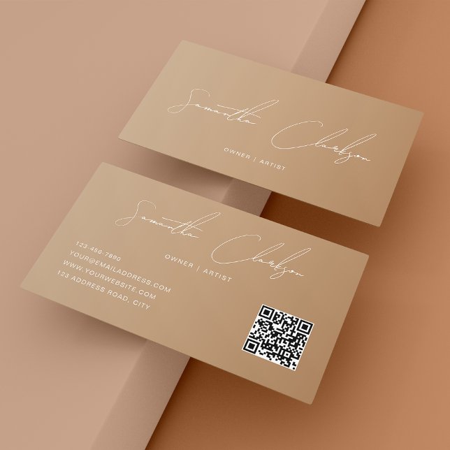 Cartão De Visita Código QR Moderno Completo Boho Bege Escrito à Mão (Criador carregado)