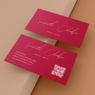 Cartão De Visita Código QR Moderno Completo Rosa Quente Escrita à M