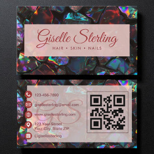 Cartão De Visita Código QR moderno de Gemstone Opal Preto Elegante