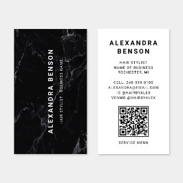 Cartão De Visita Código QR Moderno de Mármore Preto e Branco