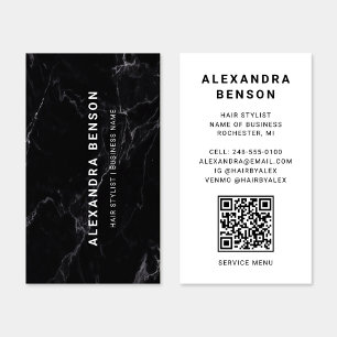 Cartão De Visita Código QR Moderno de Mármore Preto e Branco