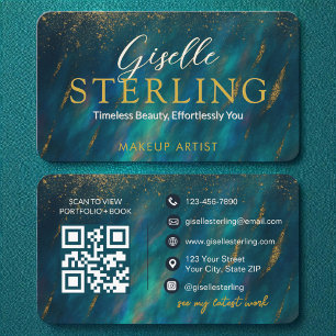 Cartão De Visita Código QR moderno de Script de Glam Opal Verde Sto