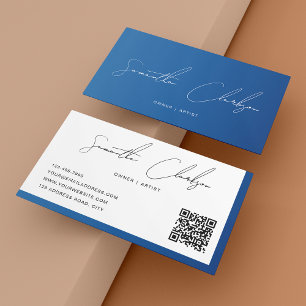 Cartão De Visita Código QR Moderno Elegante Azul Escrito à Mão
