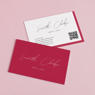 Cartão De Visita Código QR Moderno Magenta Rosa Escrito à Mão