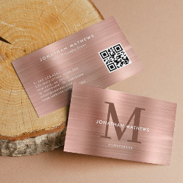 Cartão De Visita Código QR moderno - Monograma Dourado com Rosa Met