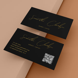 Cartão De Visita Código QR Moderno Preto e Dourado Roteiro Manuscri