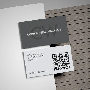 Cartão De Visita Código QR Monograma Cinza Textura Moderna e Elegan