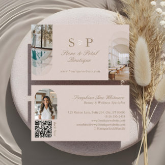Cartão De Visita Código QR Monograma de Fotos com Arco Elegante e C
