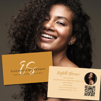 Cartão De Visita Código QR Monograma de Letra Foto Bege Marrom Femi