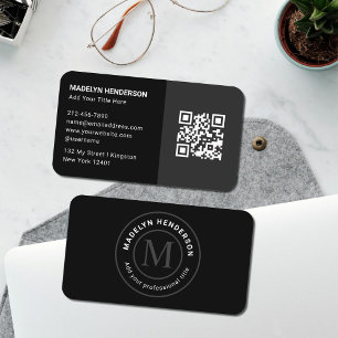 Cartão De Visita Código QR Monograma de Selo Preto Simples Moderno