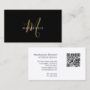 Cartão De Visita Código QR Monograma Elegante Moderno Preto Dourado