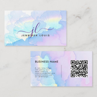 Cartão De Visita Código QR Monograma Holográfico Arco-íris Aquarela