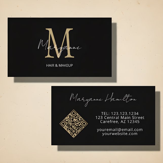 Cartão De Visita Código QR Monograma Preto Dourado (Criador carregado)