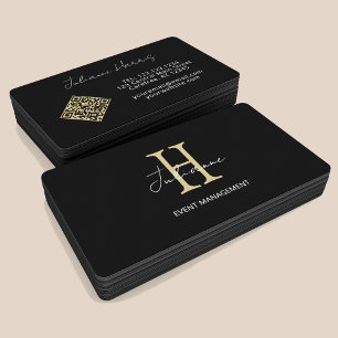 Cartão De Visita Código QR Monograma Preto Dourado