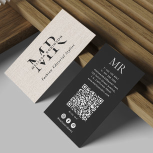 Cartão De Visita Código QR Monograma Simples Preto e Branco em Faux