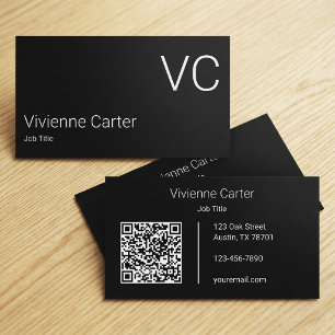Cartão De Visita Código QR Monograma Simples Preto e Branco Minimal