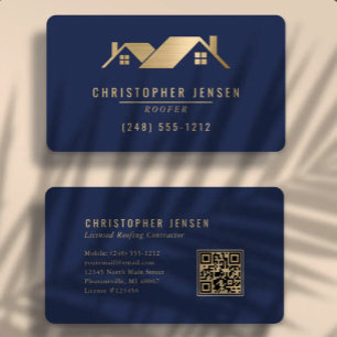 Cartão De Visita Código QR Negócio de Telhados Azul Marinho Dourado