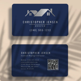 Cartão De Visita Código QR Negócios de Cobertura Azul Marinho Prata