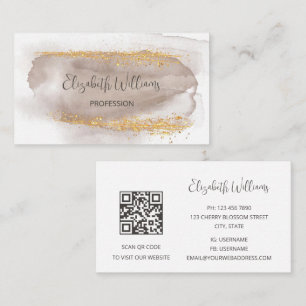Cartão De Visita Código QR Neutros Dourado Fundo de Aquarela