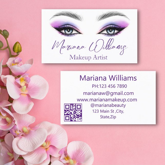 Cartão De Visita Código QR Olhos de Artista de Maquiagem Roxo Chic (Criador carregado)