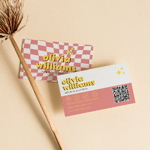 Cartão De Visita Código QR Ousado Retro Anos 70 Groovy Xadrez Tendê
