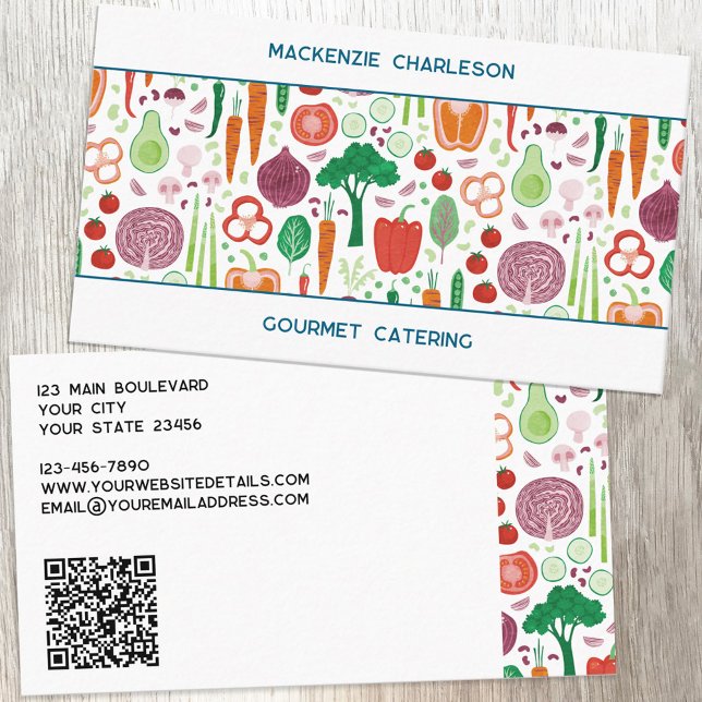 Cartão De Visita Código QR para Catering de Padrão Vegetal (Vegetable pattern QR code custom text business card for catering, nutritionist, vegan and vegetarian)