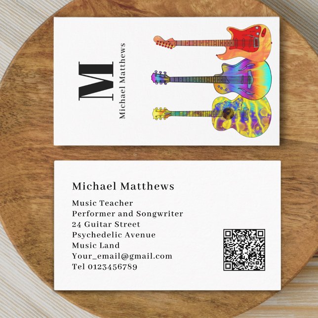 Cartão De Visita Código QR para Professores de Música em Violão (Modern guitar music teacher professional musician qr code white Business card)