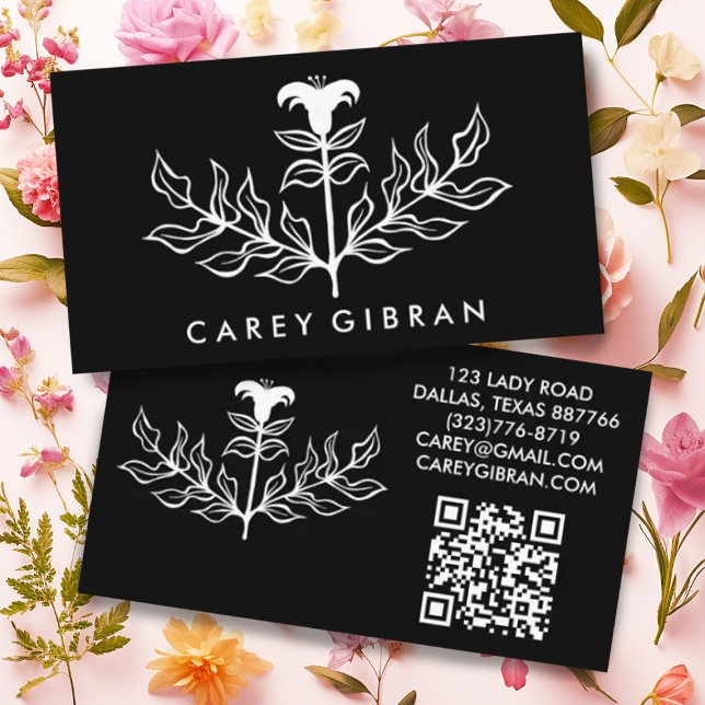 Cartão De Visita Código QR PERSONALIZADO de Desenho de Linha Lily E (Criador carregado)