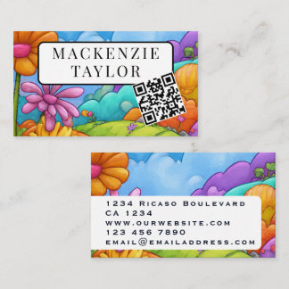 Cartão De Visita Código QR Personalizado Flor de Desenho Animado Co