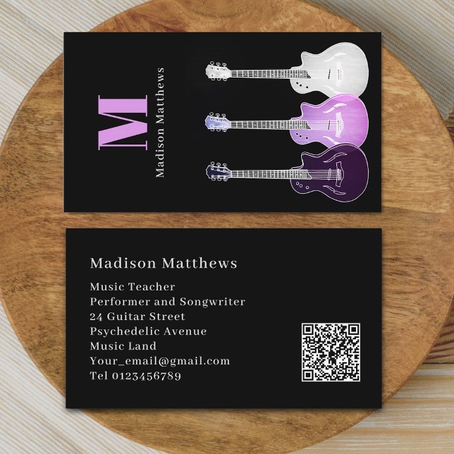 Cartão De Visita Código QR Personalizado para Músico de Professores (Modern guitar music teacher professional musician qr code black pink Business card Female guitarist)