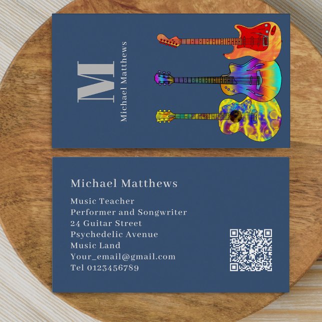 Cartão De Visita Código QR Personalizado para Músico de Professores (Modern guitar music teacher professional musician qr code blue Business card)