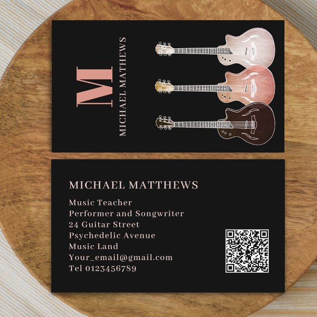 Cartão De Visita Código QR personalizado para músico profissional d (Modern guitar teacher professional musician qr code Business card Rustic country music electric )