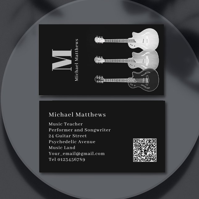 Cartão De Visita Código QR personalizado para músicos de guitarra (Guitar teacher and musician songwriter modern professional black and white monogram business card)
