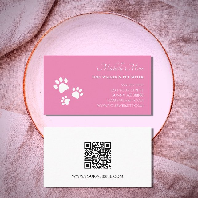 Cartão De Visita Código QR Pet Sitter Paw Imprime Rosa (Criador carregado)
