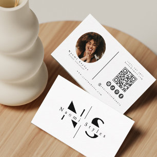 Cartão De Visita Código QR Preto/Branco Moderno Foto Profissional
