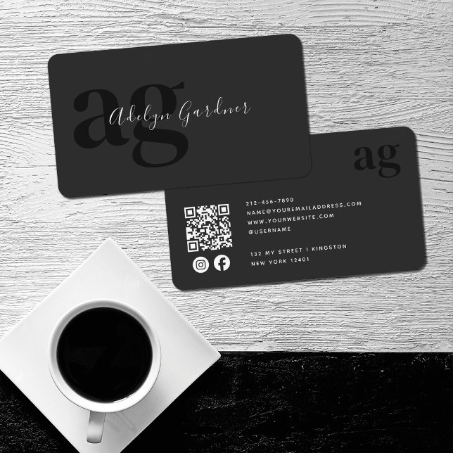 Cartão De Visita Código QR Preto Branco Monograma Rascunho Mídia So (Criador carregado)