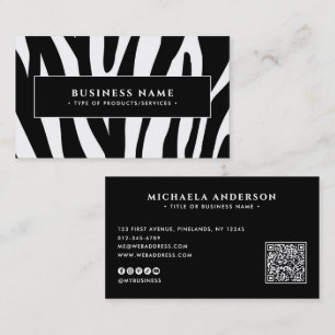 Cartão De Visita Código QR Preto e Branco com Estampa de Zebra Mode