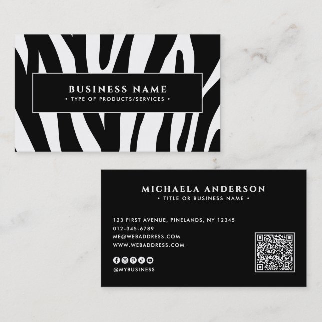 Cartão De Visita Código QR Preto e Branco com Estampa de Zebra Mode (Frente/Verso)