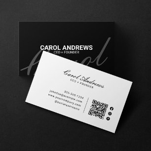 Cartão De Visita Código QR Preto e Branco Simples Elegante e Clássi