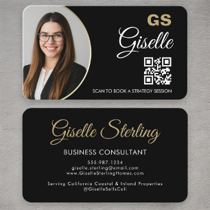 Cartão De Visita Código QR preto e Dourado do consultor moderno